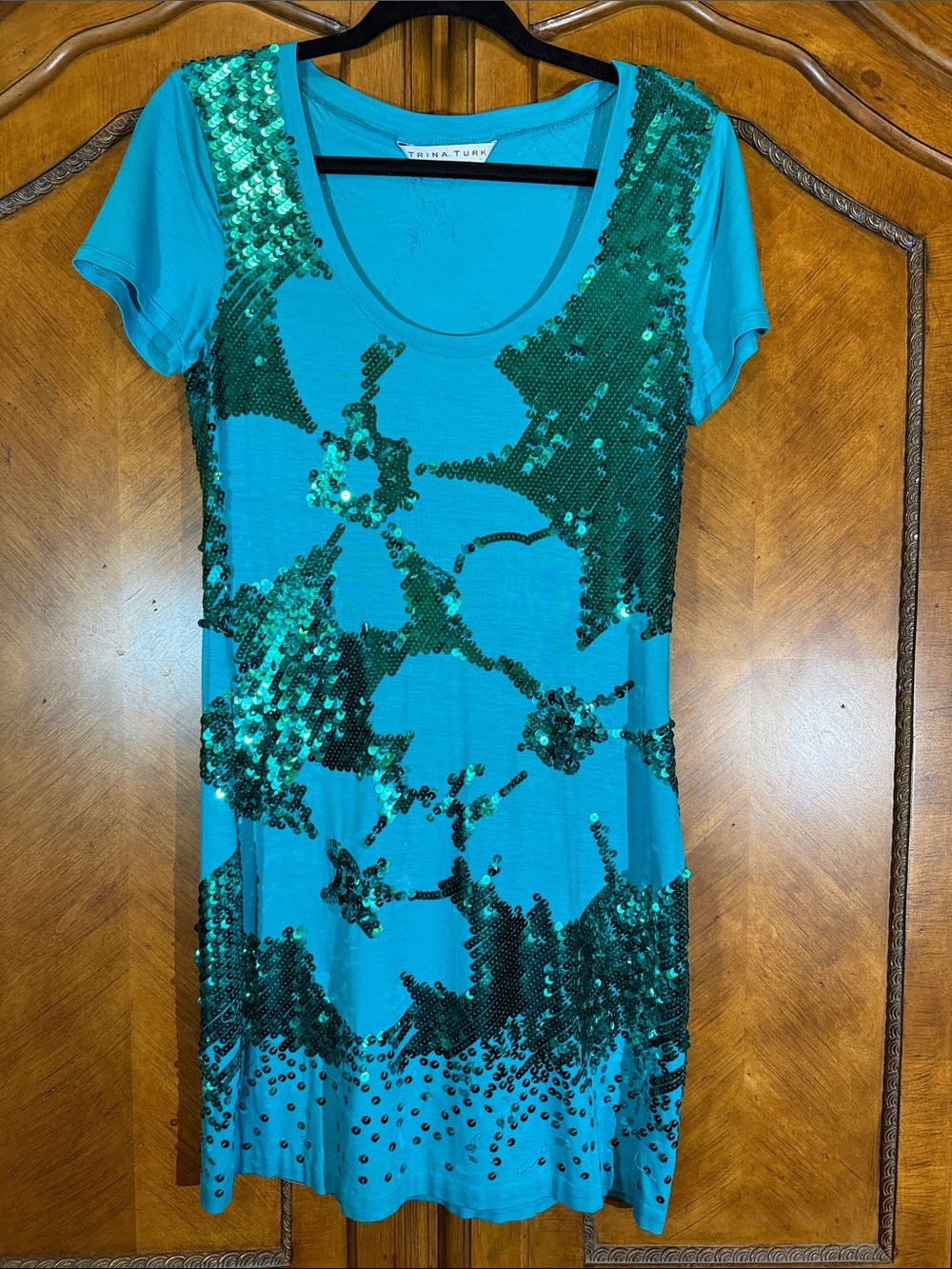 Trina Turk Turquoise Tee Dress with Green Sequin Floral Sz s/m